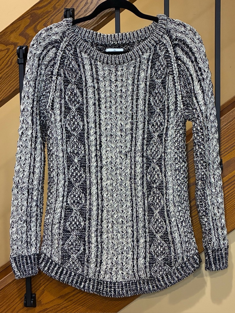 L.L.Bean Signature Fisherman Sweater Cable Knit zip sides Cotton Blk Ivory SZ.XS